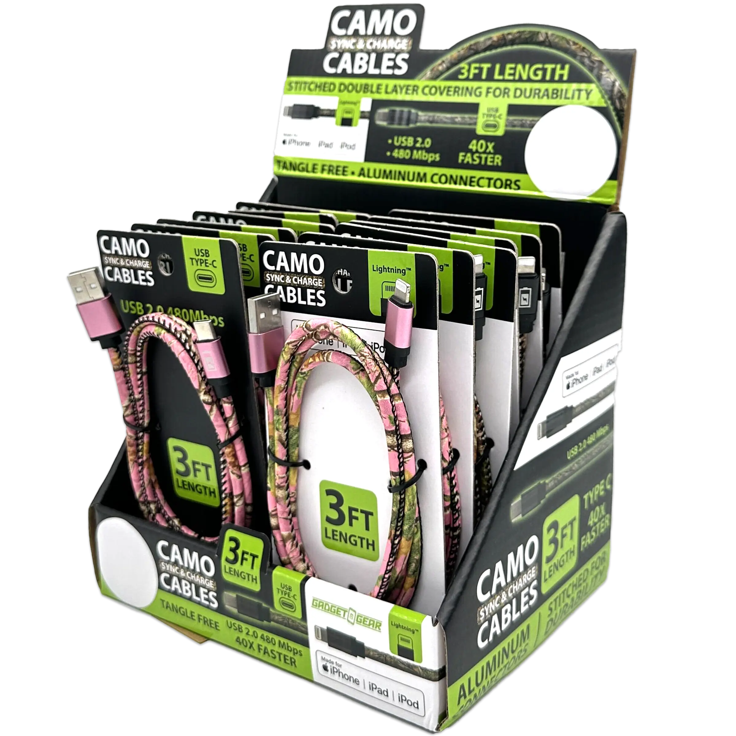 Charging Cable Camo Assortment 3FT - 12 Pieces Per Retail Ready Display 88457 GADGET GEAR