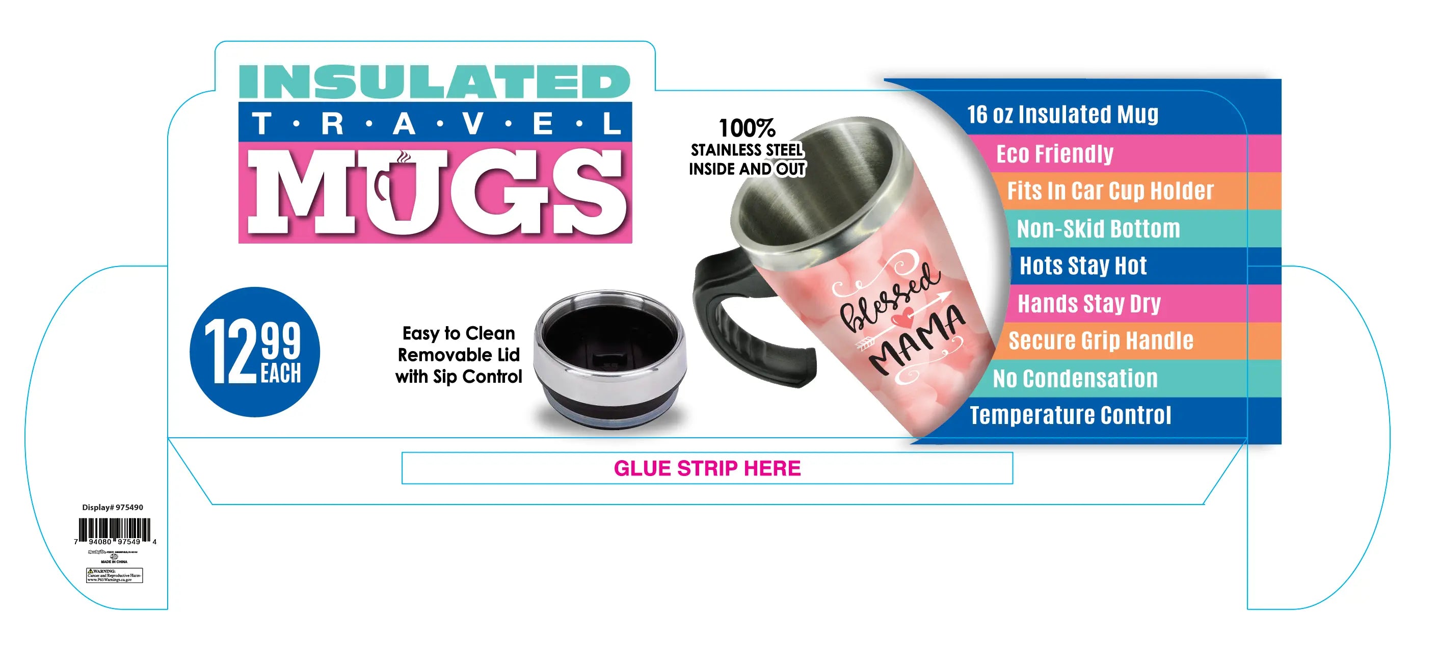 16 oz Travel Mug Assortment Floor Display - 24 Pieces Per Retail Ready Display 88388 NOVELTY INC