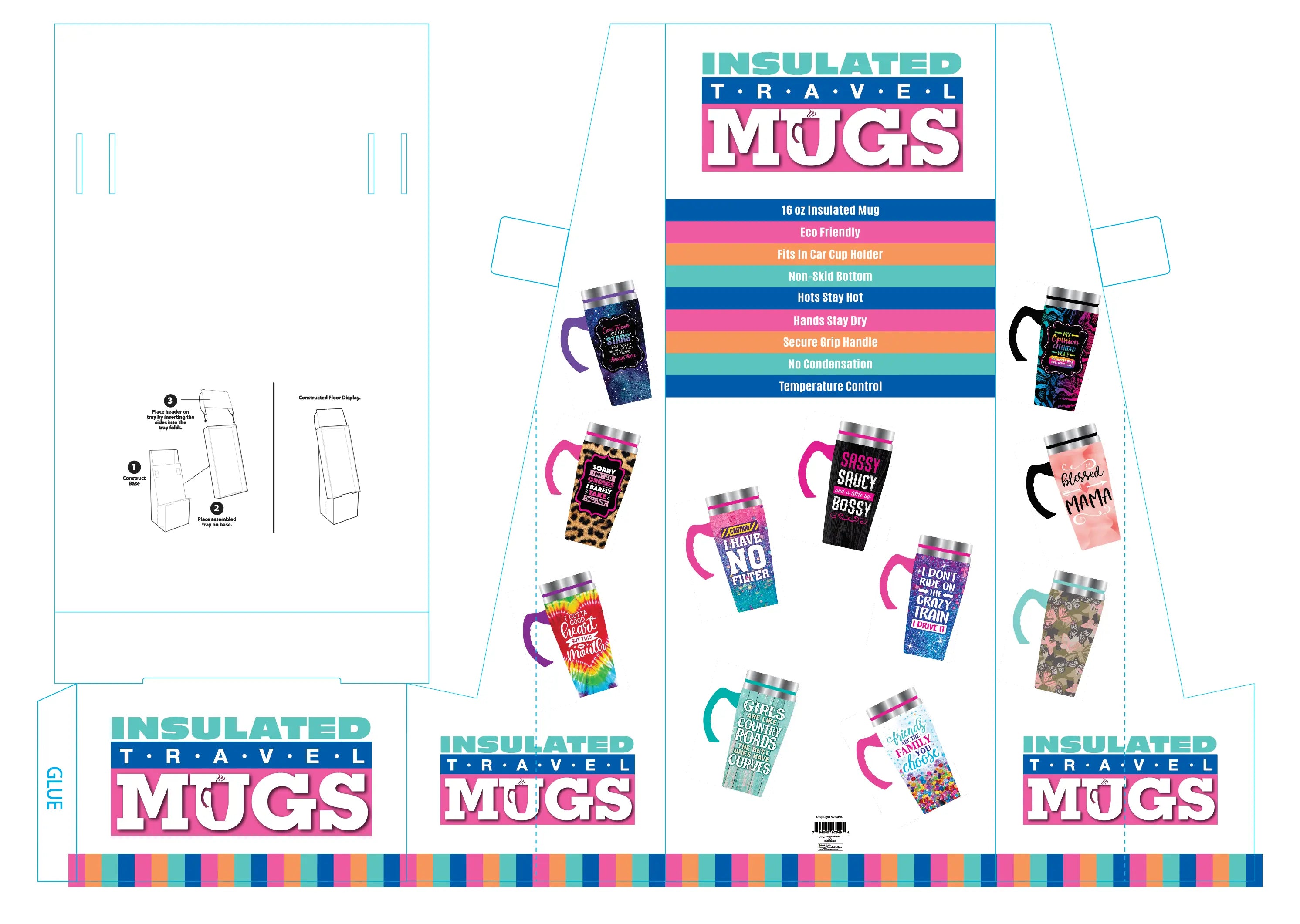 16 oz Travel Mug Assortment Floor Display - 24 Pieces Per Retail Ready Display 88388 NOVELTY INC