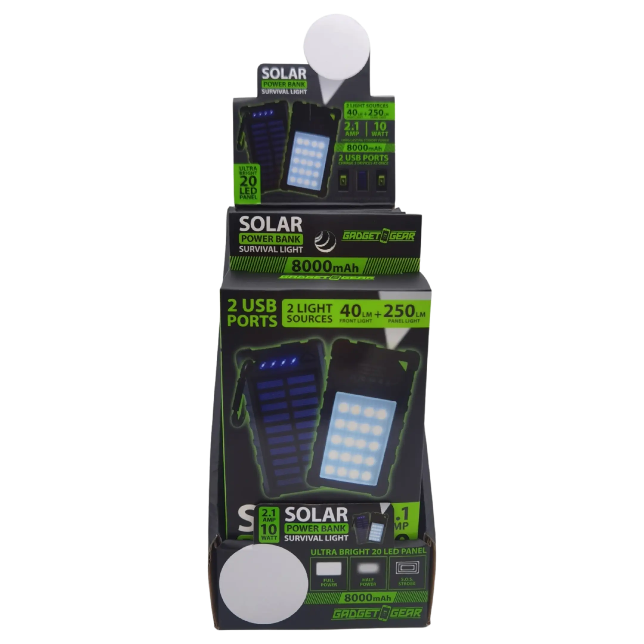 Rechargeable Solar Power Bank with LED Survival Light - 4 Pieces Per Retail Ready Display 23517 GADGET GEAR